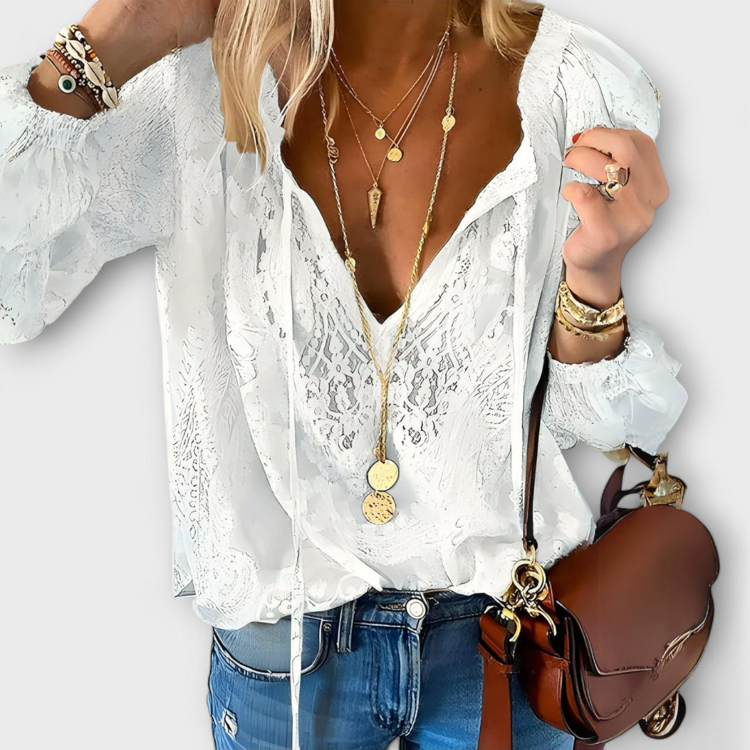 Women's Bohemian Printed Tie-Neck Blouse