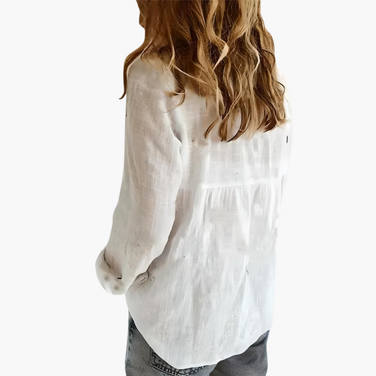 Women's Relaxed Button-Front Collared Blouse with Roll-Up Sleeves