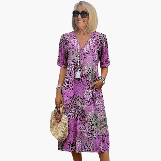 Women's Artistic Printed Midi Dress with Lace Trim and Pockets