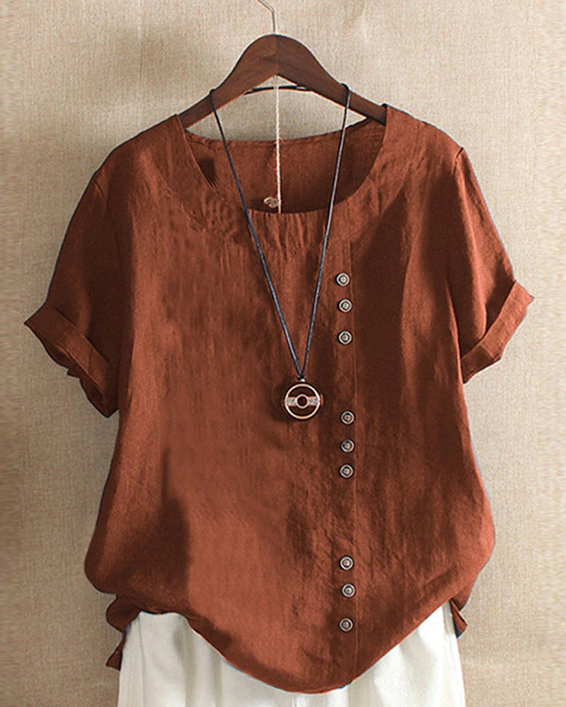 Women's Cotton Linen Button Detail Casual Blouse