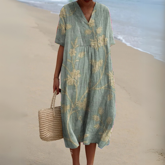 Women's Printed Cotton Linen Cocoon Midi Dress