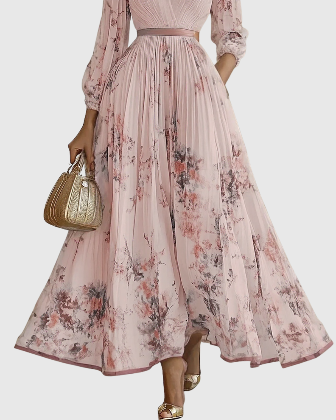 Women's Romantic Floral Pleated Maxi Dress with Deep V-Neck