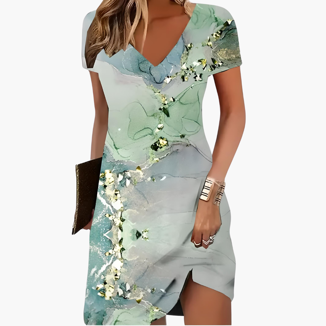Women's Artistic Printed V-Neck Dress with Relaxed Fit