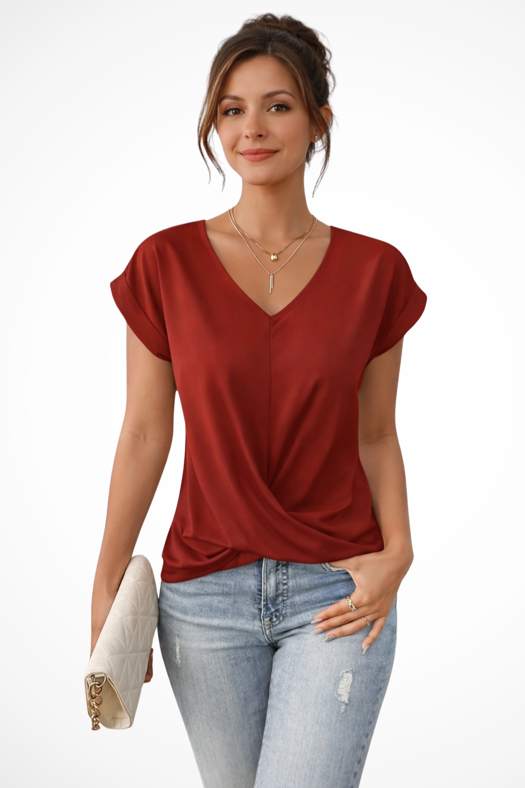 Damenbluse aus Satin mit gedrehtem Saum und V-Ausschnitt