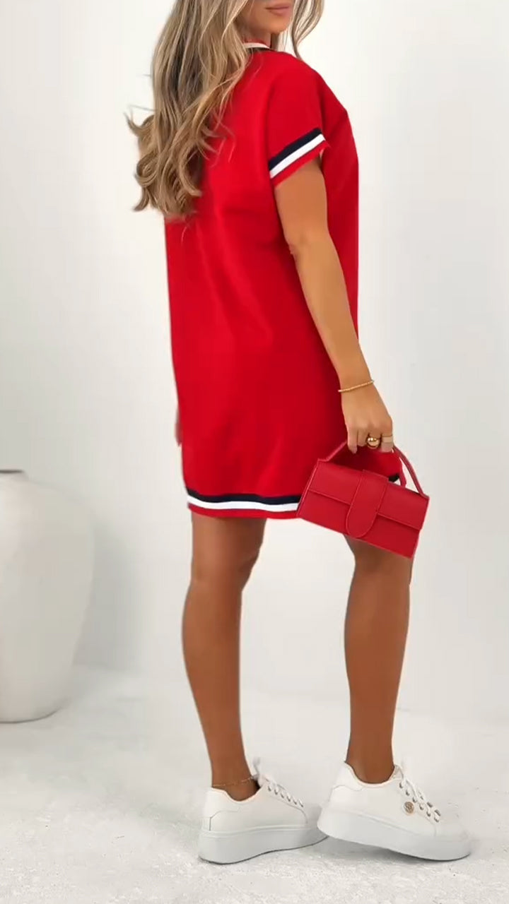 Damen T-Shirt-Kleid mit kontrastierendem V-Ausschnitt und Besatz