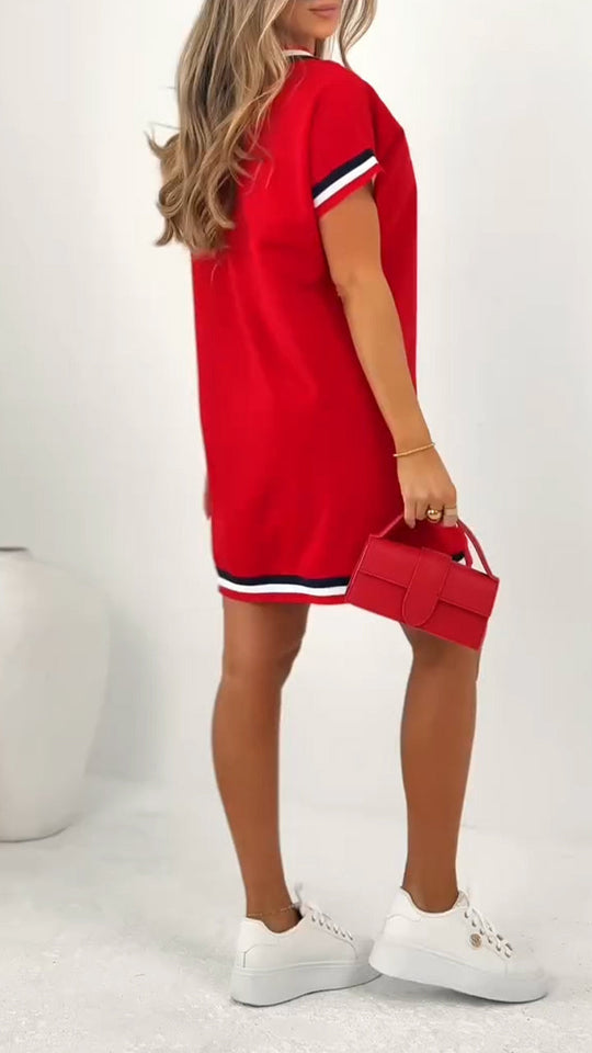 Damen T-Shirt-Kleid mit kontrastierendem V-Ausschnitt und Besatz