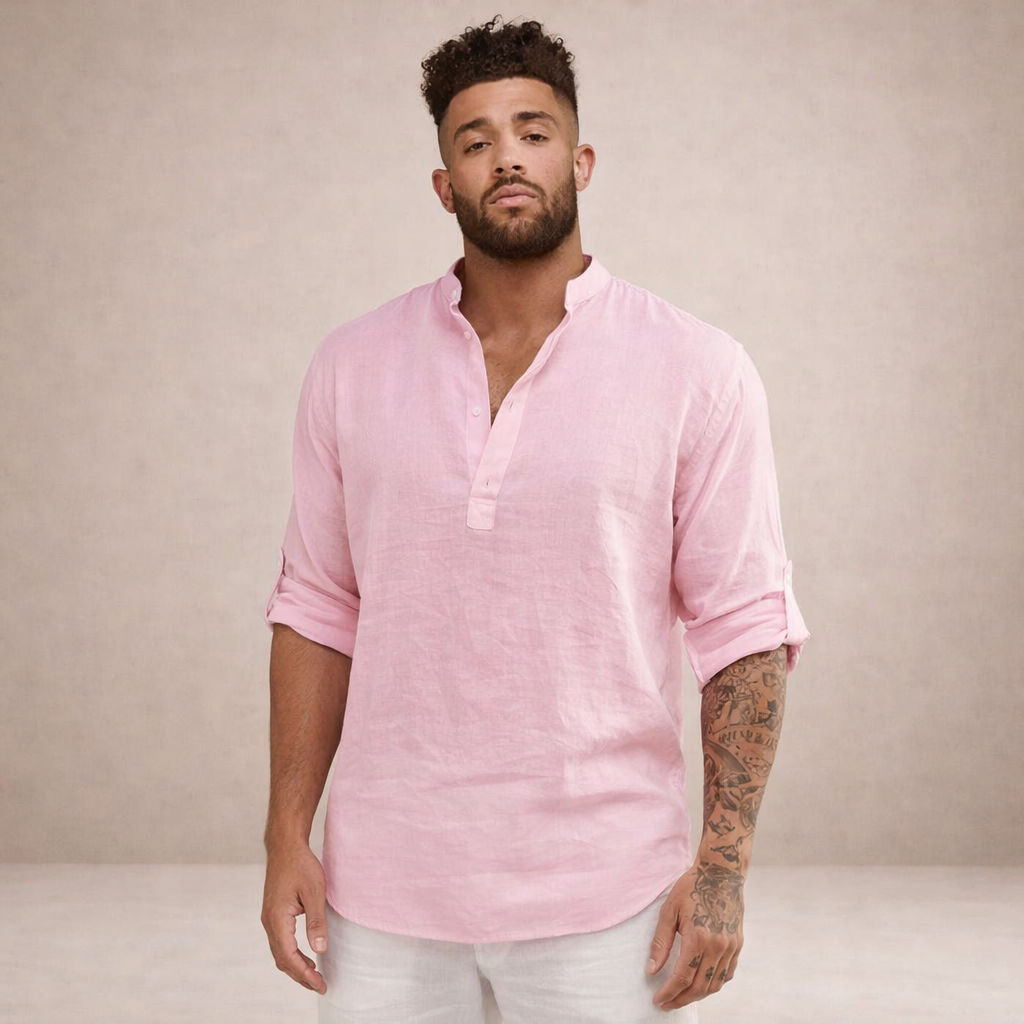 Men's Casual Linen-Blend Henley Shirt