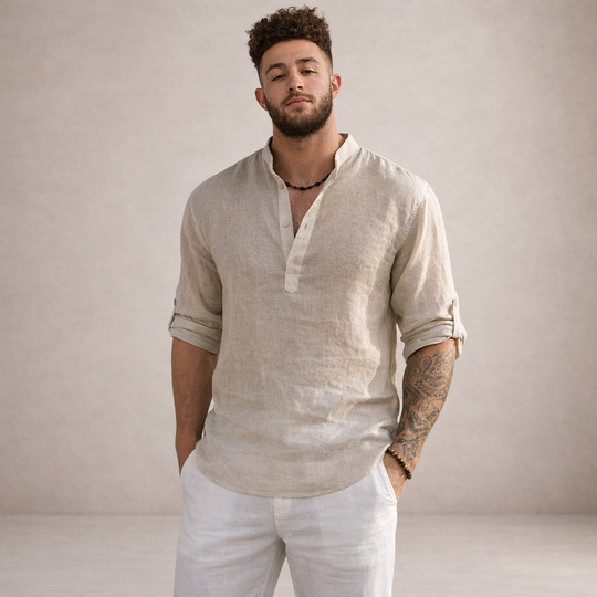 Men's Casual Linen-Blend Henley Shirt