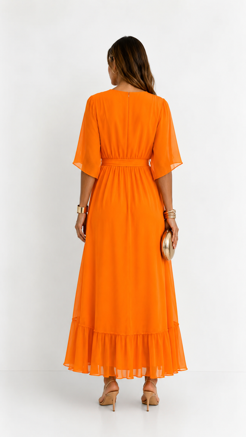 Women's V-Neck Tie Waist High Low Midi Dress