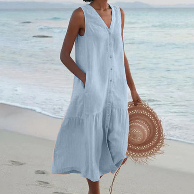 Women's Sleeveless Button-Front Linen Midi Dress