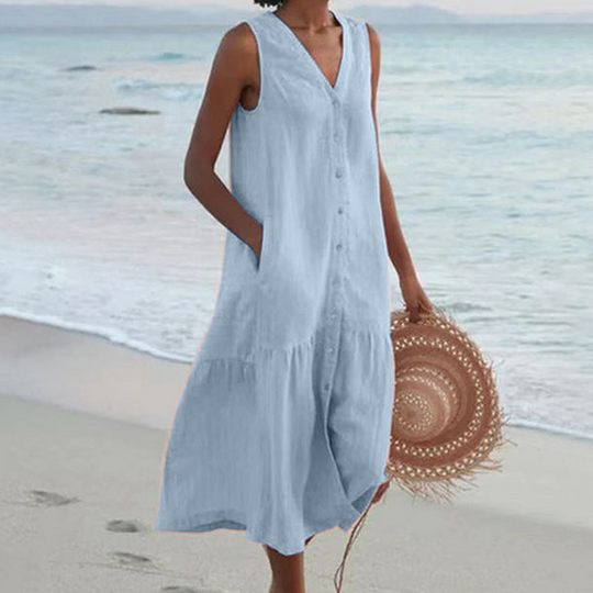 Women's Sleeveless Button-Front Linen Midi Dress