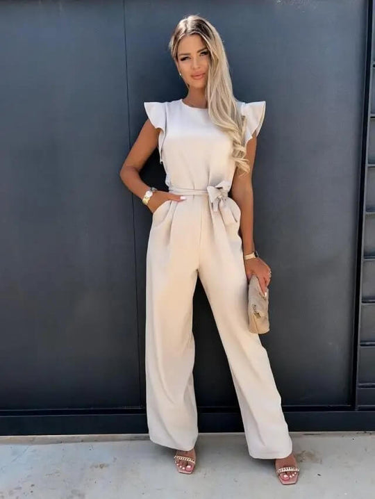 Women's Elegant Ruffle Sleeve Belted Wide-Leg Jumpsuit