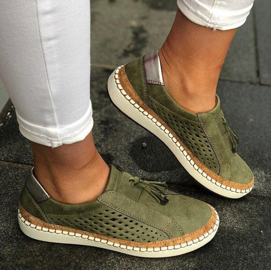 Women's Perforated Slip-On Comfort Loafers with Tassel Detail
