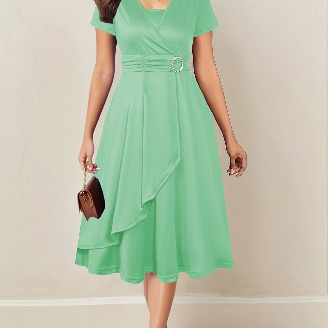 Women's Wrap Midi Dress with Decorative Waist Buckle
