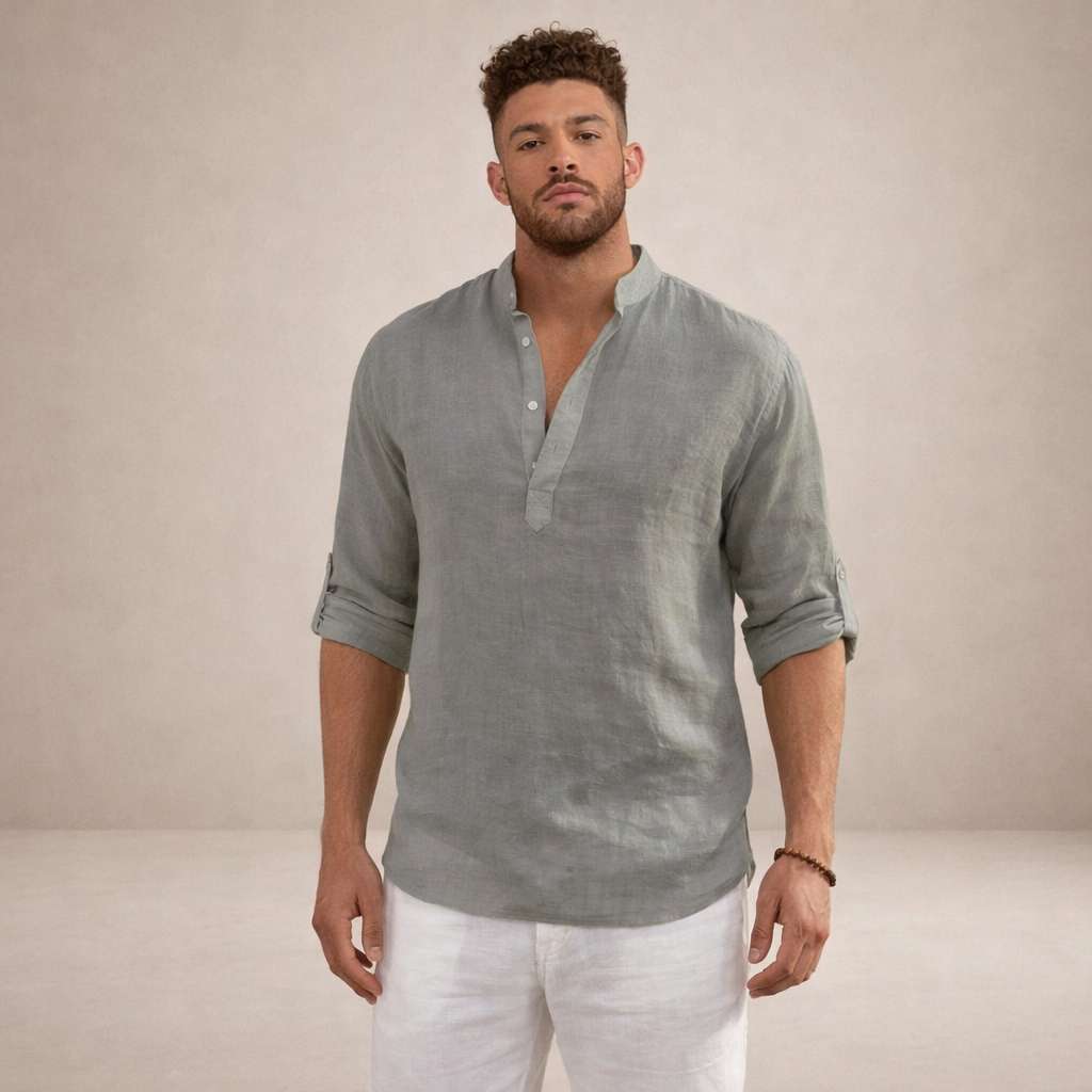 Men's Casual Linen-Blend Henley Shirt