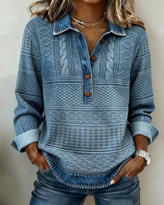 Women's Textured Knit-Print Henley Top with Collar