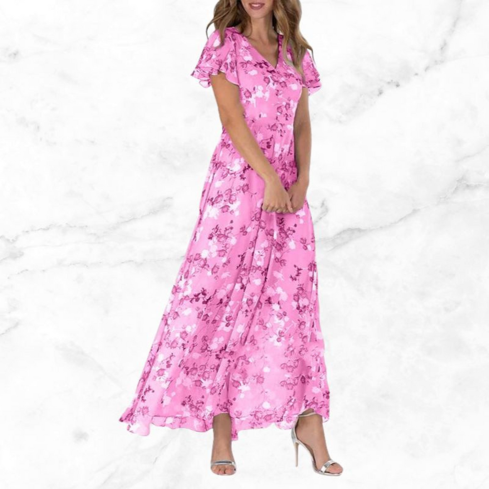 Damen Blumenv-Ausschnitt Maxikleid