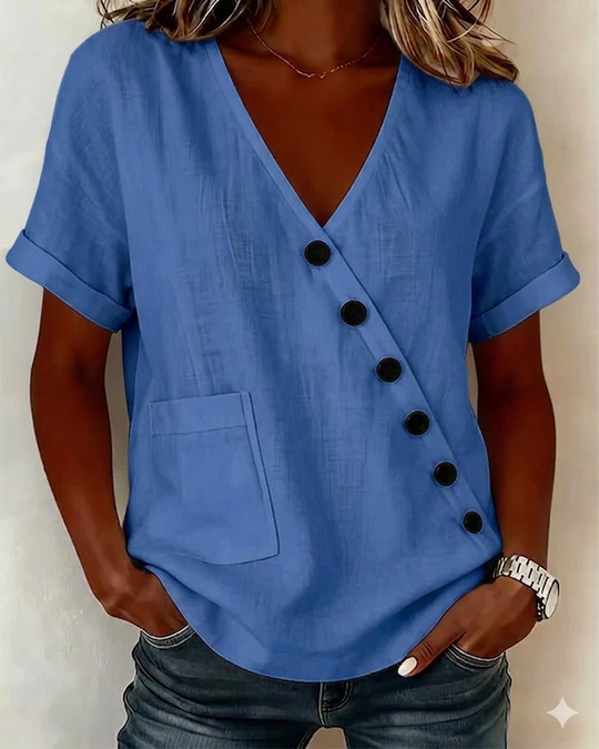 Damen Asymmetrische Bluse mit V-Ausschnitt und Knöpfen, leger