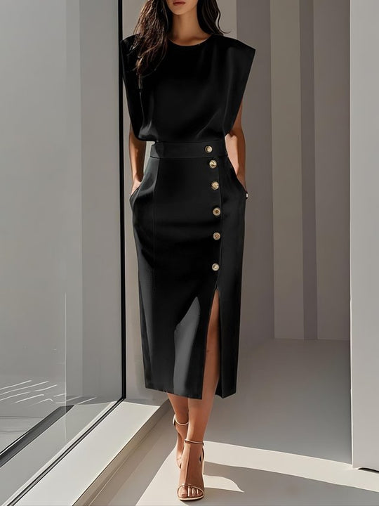 Elegantes ärmelloses Damenblusen- und Midirock-Set mit Knopfdetail