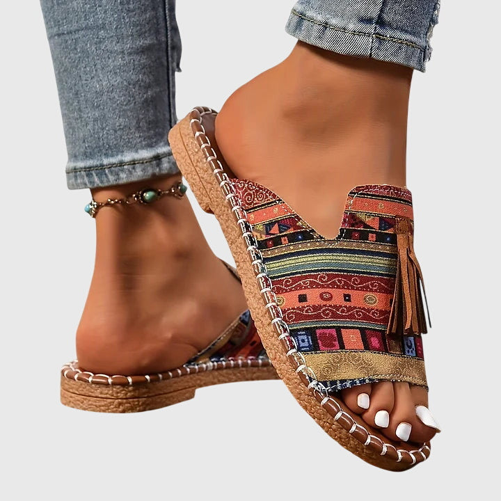 Women's Bohemian Tassel Slide Sandals with Tribal Print