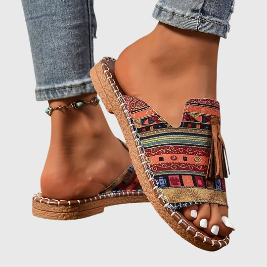 Women's Bohemian Tassel Slide Sandals with Tribal Print