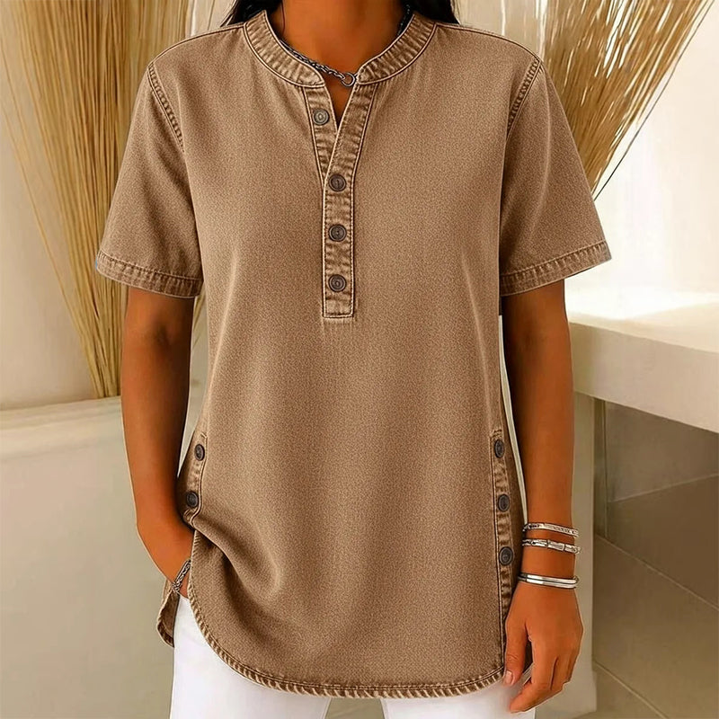 Women's Casual Denim-Look Button Detail Tunic Top
