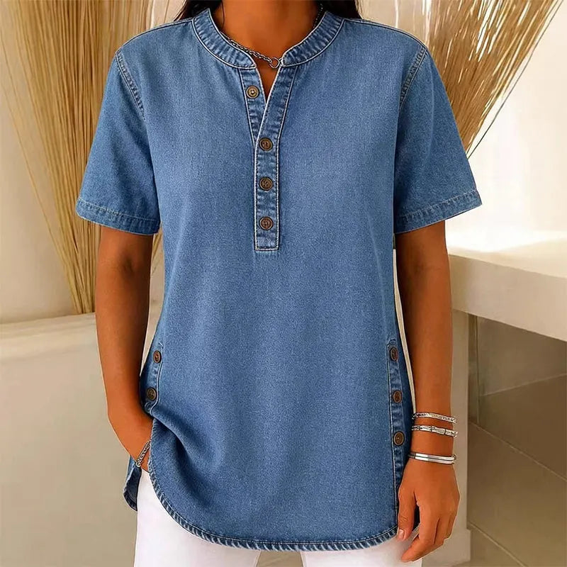 Women's Casual Denim-Look Button Detail Tunic Top