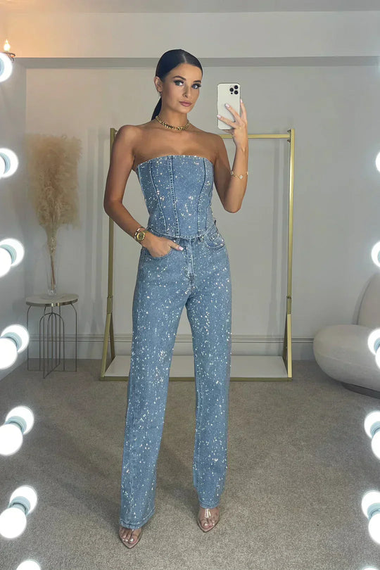 Women's Sequin Corset Top & Wide-Leg Pants Set