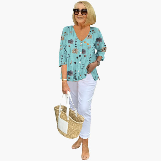 Women's Relaxed Button-Front Printed Blouse with 3/4 Sleeves