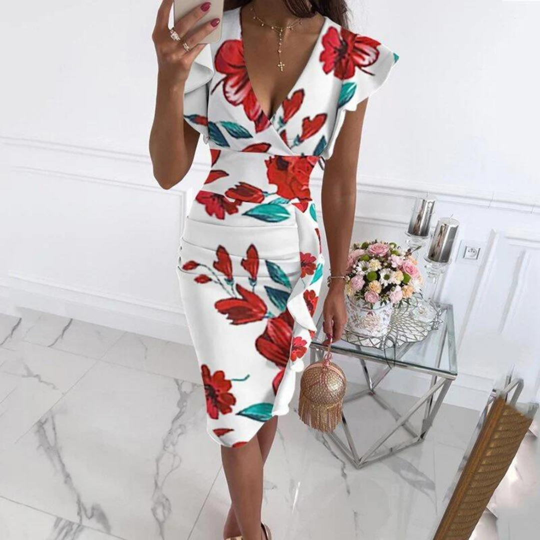 Women's Ruffle Trim Wrap Midi Occasion Dress
