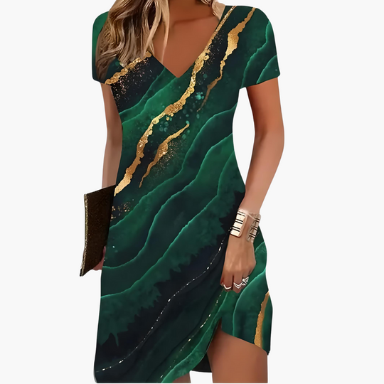 Women's Artistic Printed V-Neck Dress with Relaxed Fit