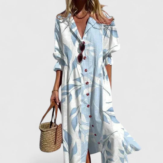 Women's Printed Button Front Flowing Midi Shirt Dress
