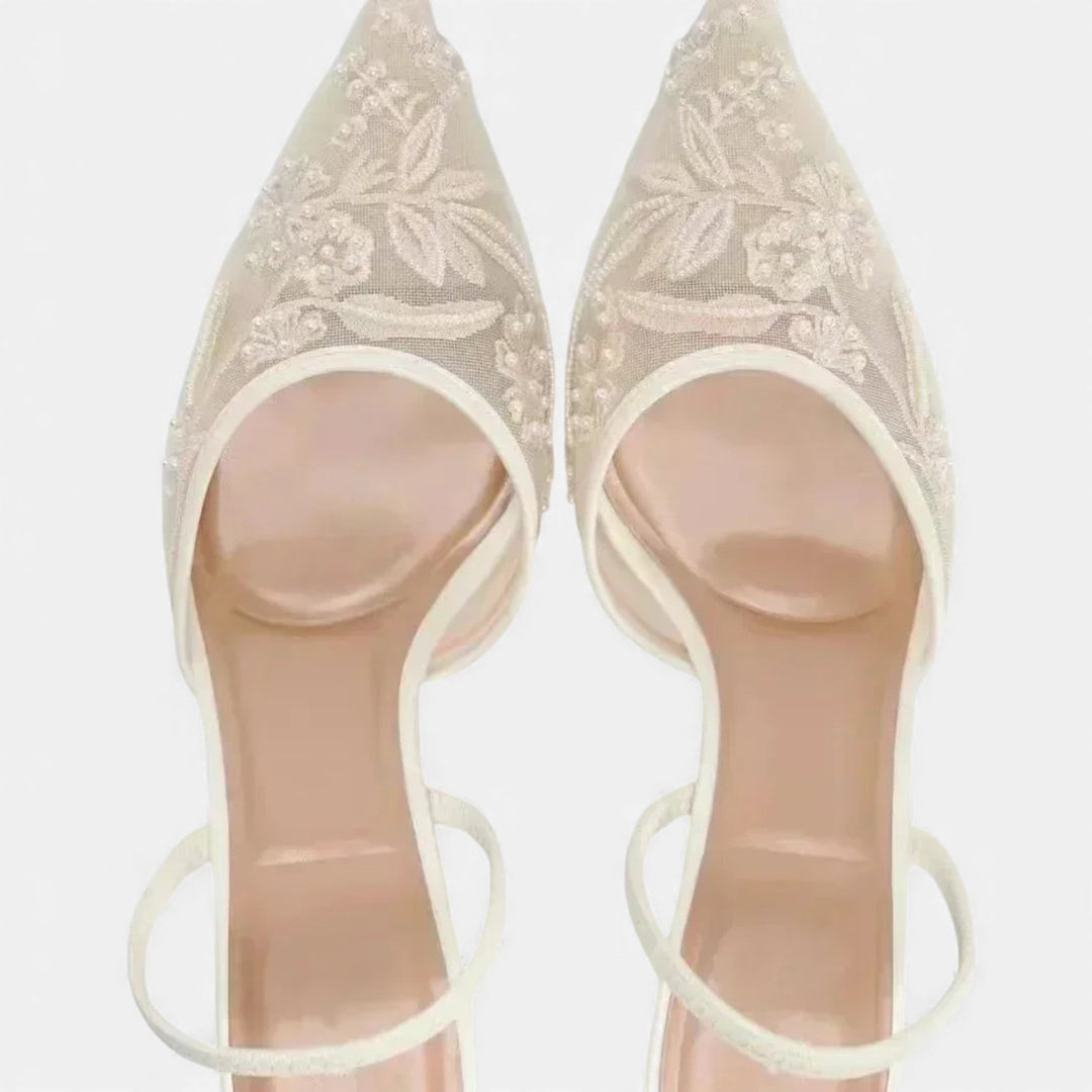 Women's Embroidered Mesh Pointed Toe Stiletto Mules
