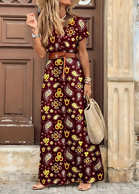 Women's Vintage Floral V-Neck Maxi Dress with Side Slit