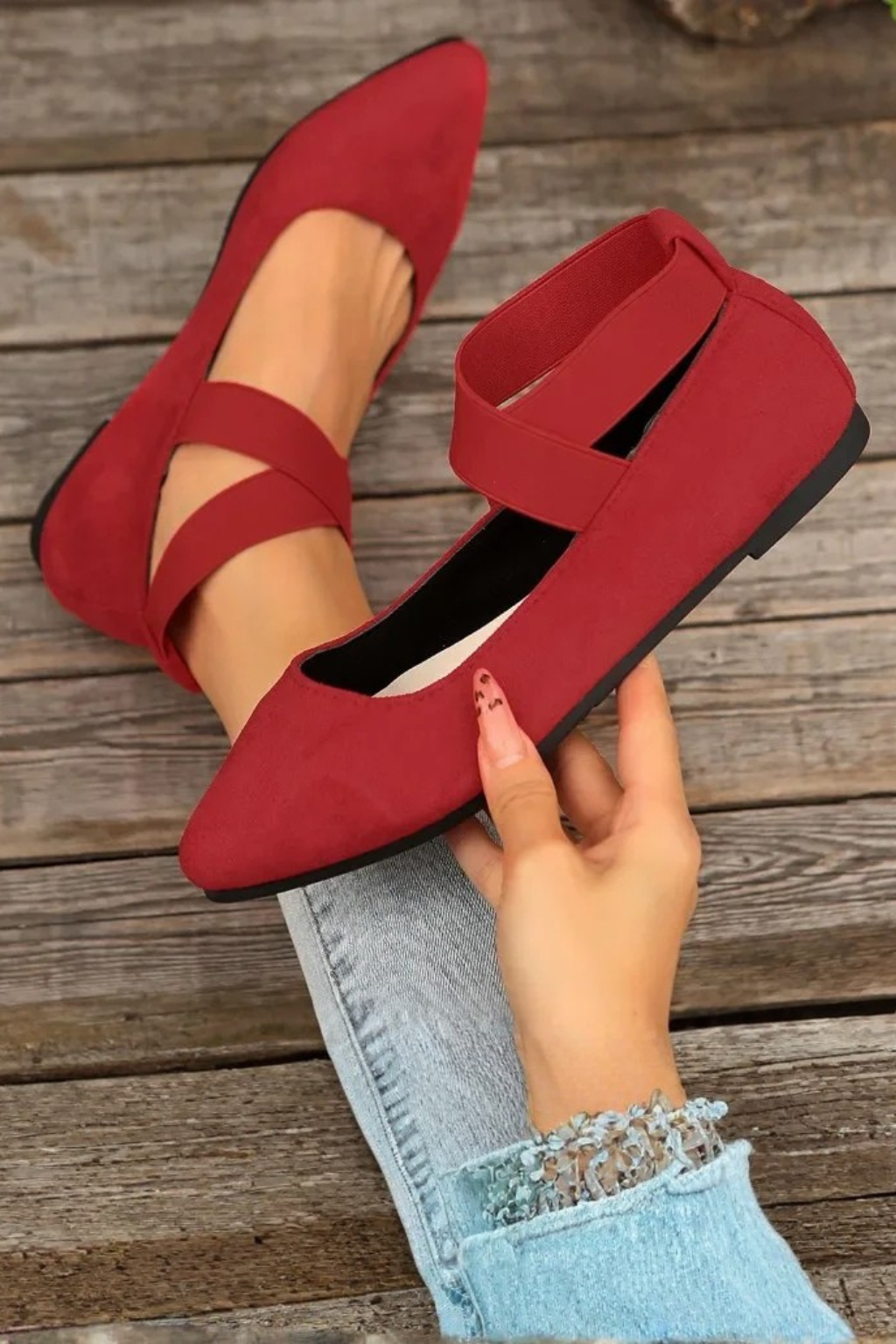 Damen Ballerinas mit spitz zulaufender Spitze und überkreuzten Riemen