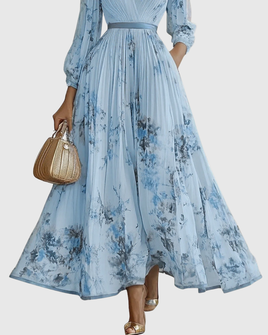 Women's Romantic Floral Pleated Maxi Dress with Deep V-Neck