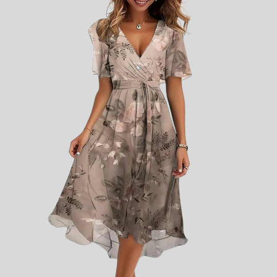 Women's Floral V-Neck Tie Waist Midi Dress