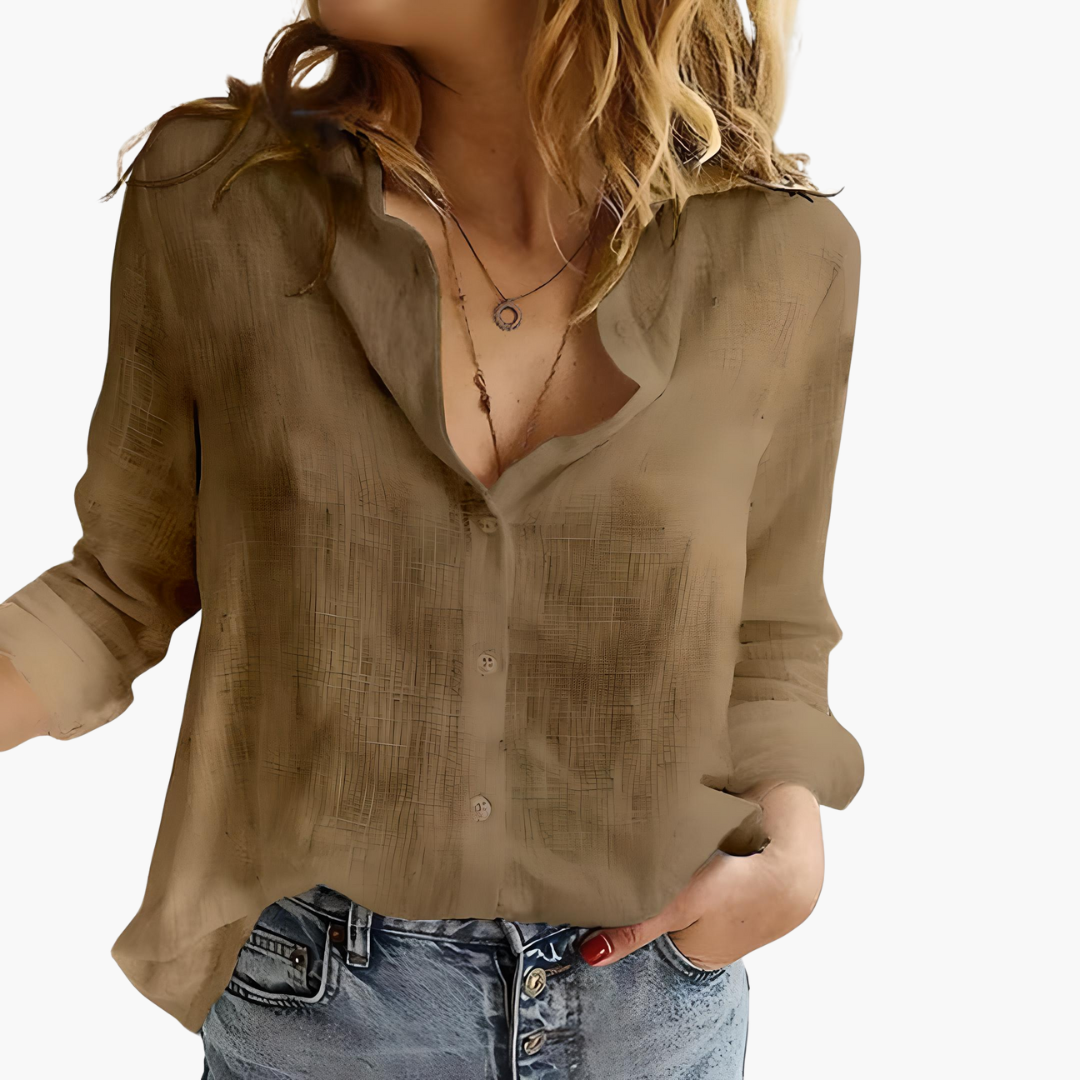 Women's Relaxed Button-Front Collared Blouse with Roll-Up Sleeves