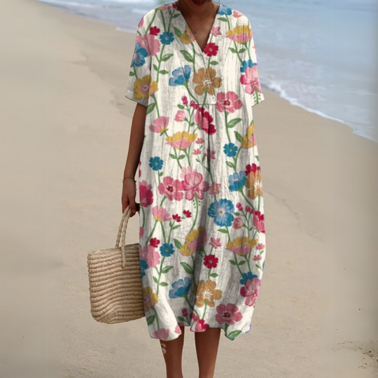Women's Printed Cotton Linen Cocoon Midi Dress