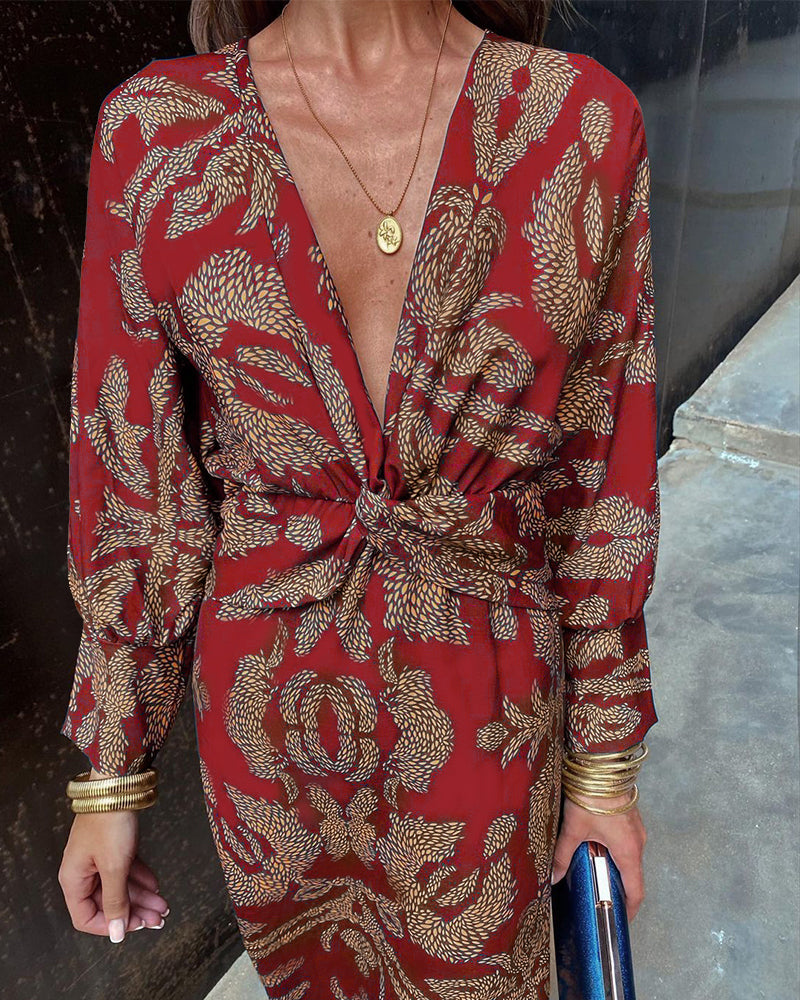 Women's Printed Twist Front Midi Dress