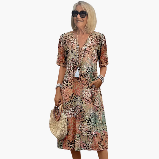 Women's Artistic Printed Midi Dress with Lace Trim and Pockets