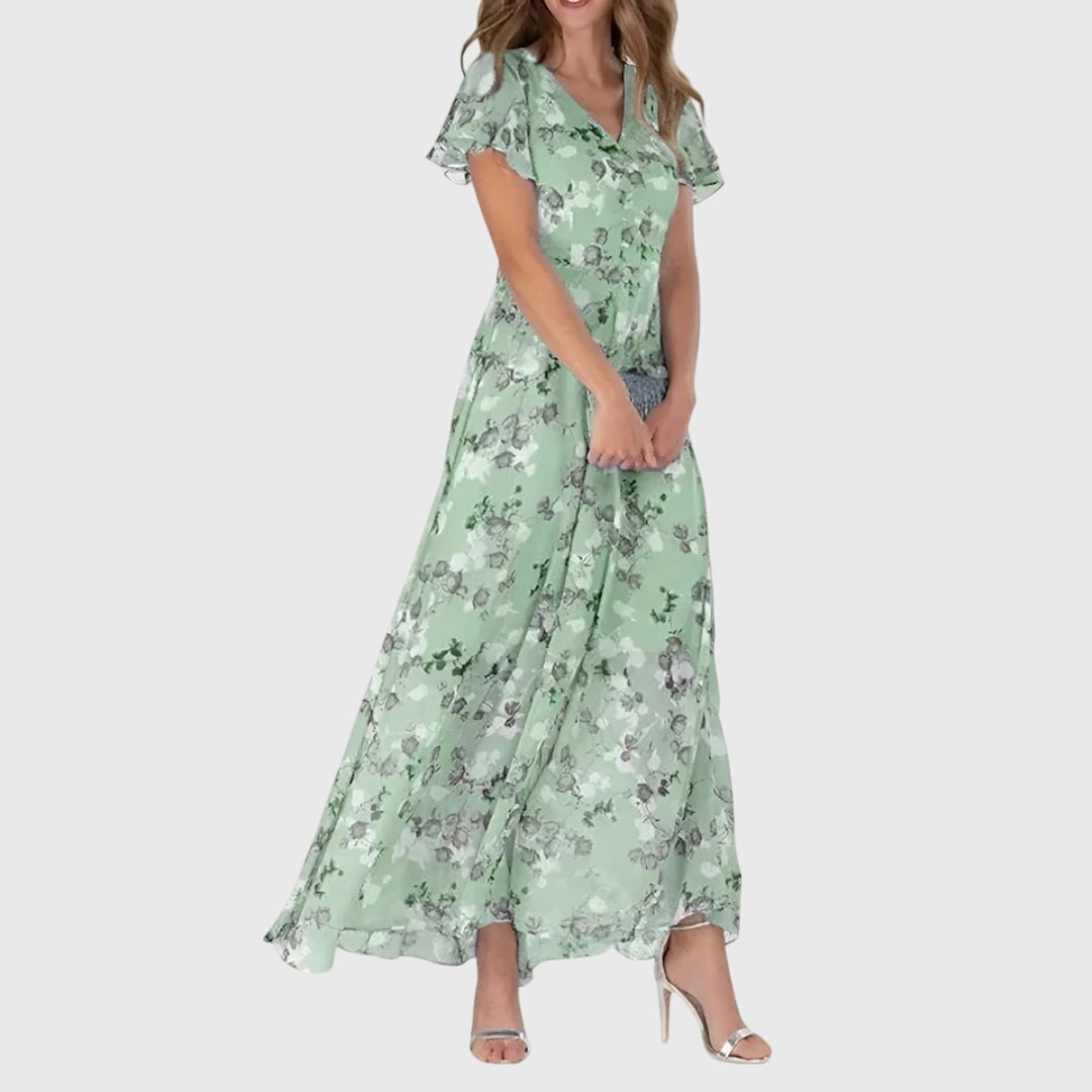 Women's Floral V-Neck Maxi Dress with Flutter Sleeves