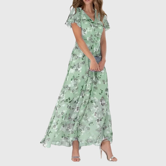Women's Floral V-Neck Maxi Dress with Flutter Sleeves