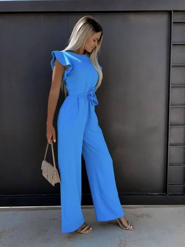 Women's Elegant Ruffle Sleeve Belted Wide-Leg Jumpsuit