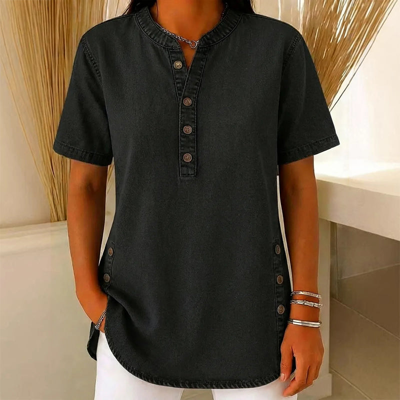 Women's Casual Denim-Look Button Detail Tunic Top