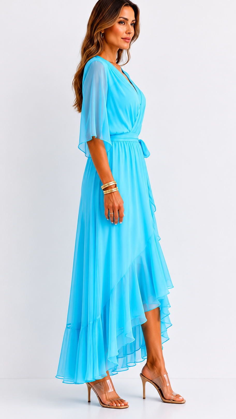 Women's V-Neck Tie Waist High Low Midi Dress