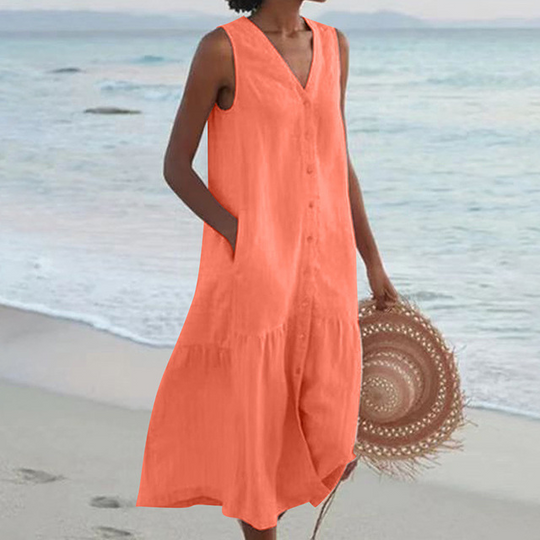 Women's Sleeveless Button-Front Linen Midi Dress