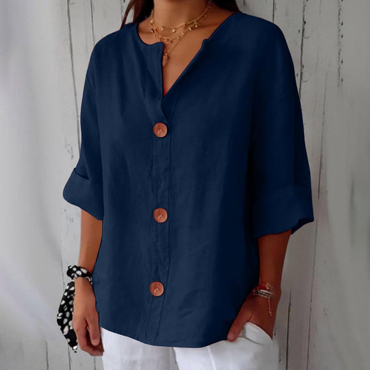 Women's Relaxed Button Front Blouse with Rolled Sleeves