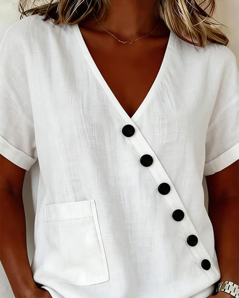 Damen Asymmetrische Bluse mit V-Ausschnitt und Knöpfen, leger