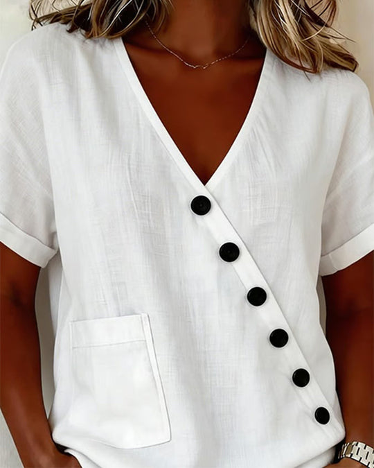 Damen Asymmetrische Bluse mit V-Ausschnitt und Knöpfen, leger
